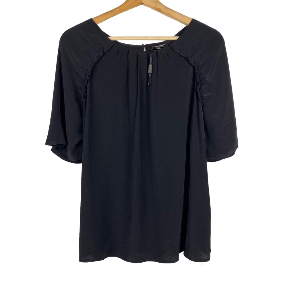 MASSIMO DUTTI NWOT Short Sleeve Ruffle Detail Blouse, Black, Size Medium